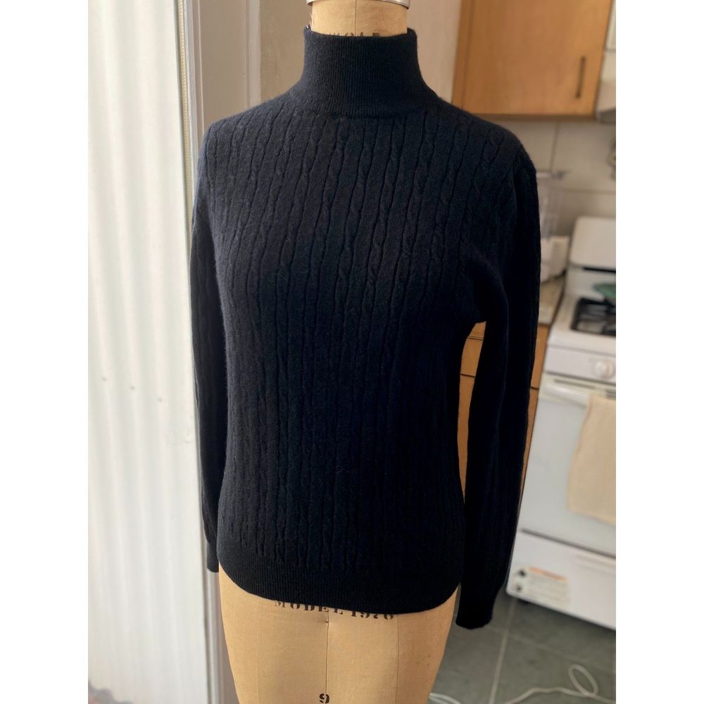 VTG Valerie Stevens Black 90 Cashmere 10 Wool Cable Knit LS Turtleneck Swtr SZ S